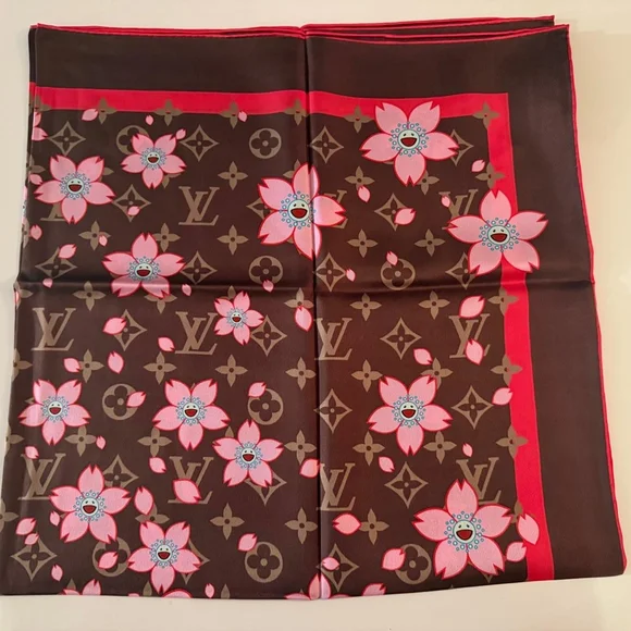 Louis Vuitton x Takashi Murakami Cherry Blossom Silk Scarf Brown Pink Monogram - Picture 4 of 8